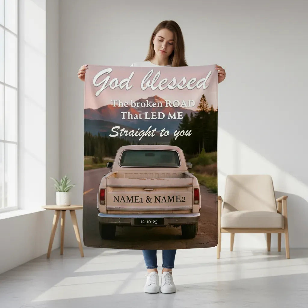 Personalized Sherpa Fleece Blanket - God Blessed The Broken Road